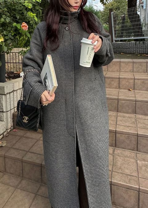 hound tooth soutien collar quilting coat / ハウンドトゥース ステンカラーコート (チャコール) / 25AW /