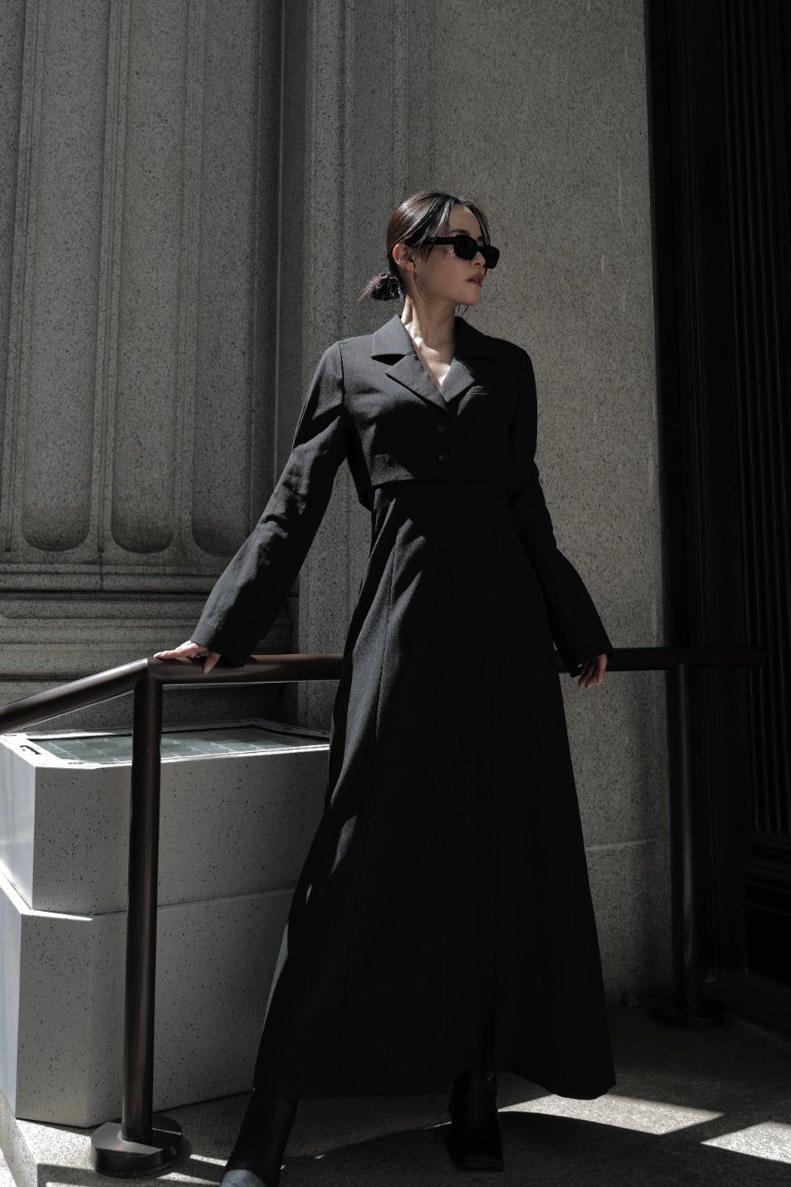 Back ZIP layered onepiece / バックジップ レイヤードワンピース (ブラック)