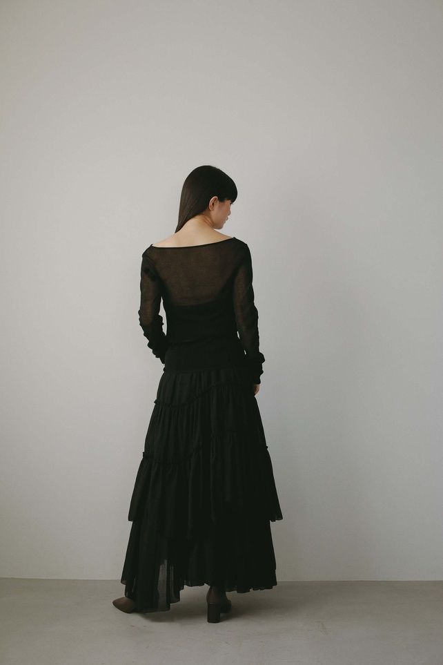 COTTON TIERED SKIRT / コットンティアードスカート (ブラック) ミモレ丈 / ウエストゴム / ペチコート付き