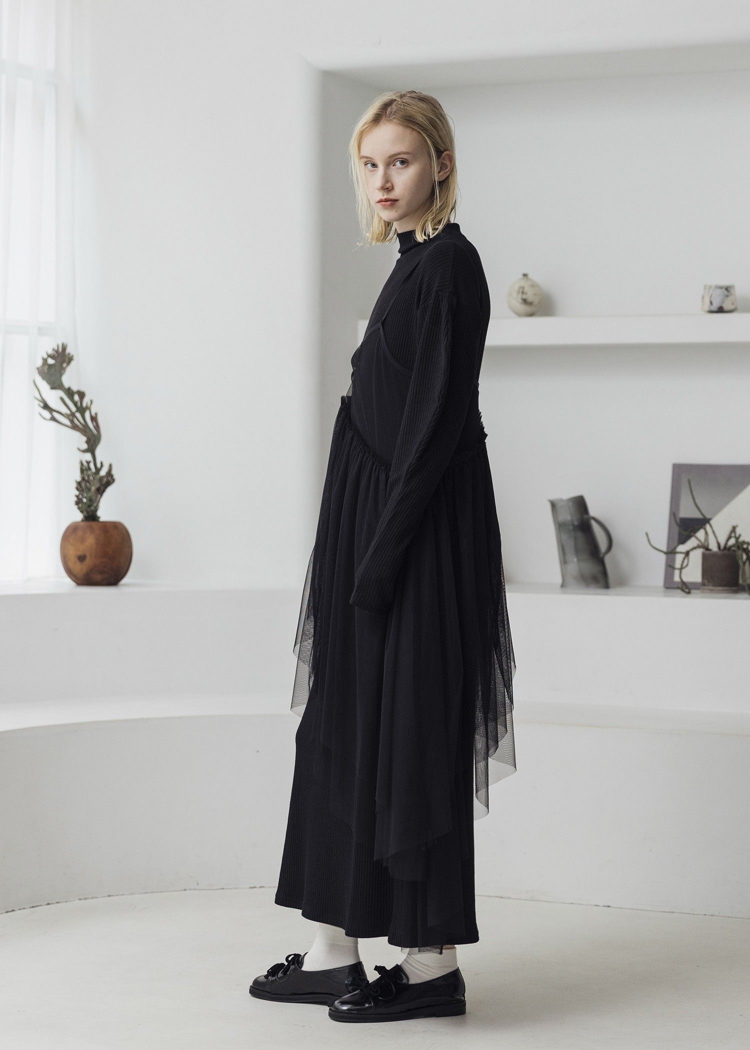 volume sleeve high neck rib OP / ハイネックリブワンピース (ブラック) / 25AW /