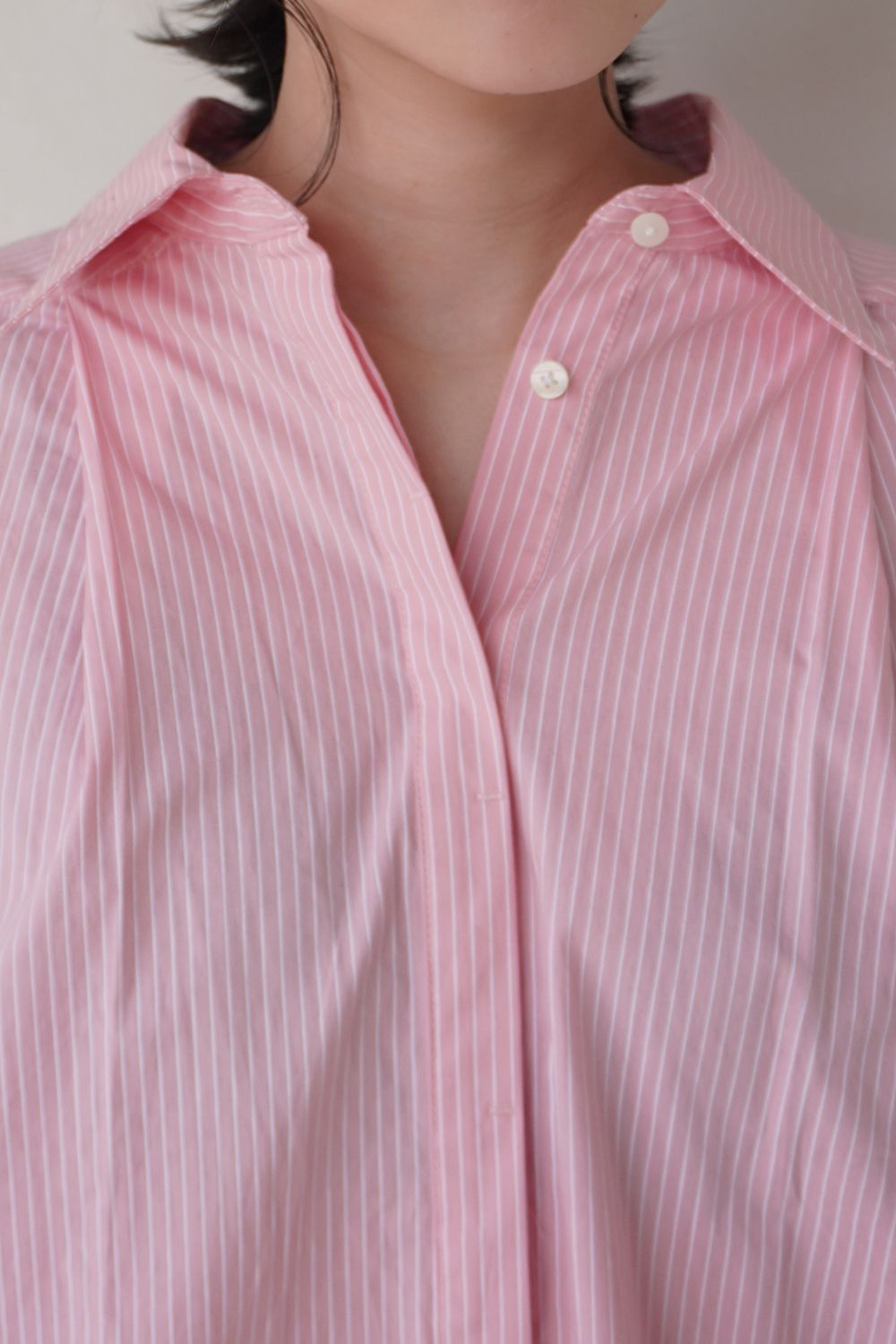 STRIPE VOLUME SLEEVE SHIRT / ストライプボリュームスリーブシャツ (ピンク)