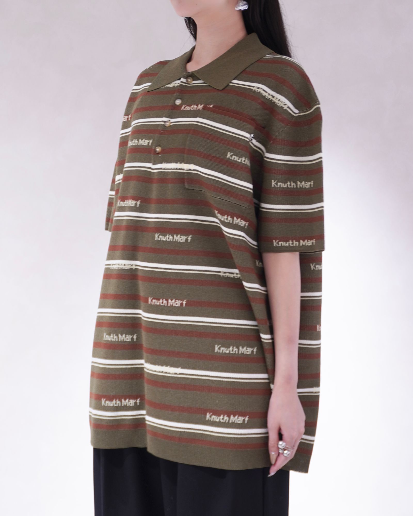 ロゴストライプ ニットポロシャツ レギュラー丈 (カーキ) logo stripe polo knit (unisex)