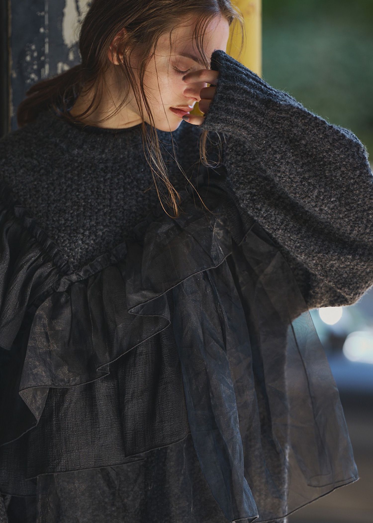 random frill placement volume sleeve knit / ランダムフリルニット (ブラック) / 25AW /