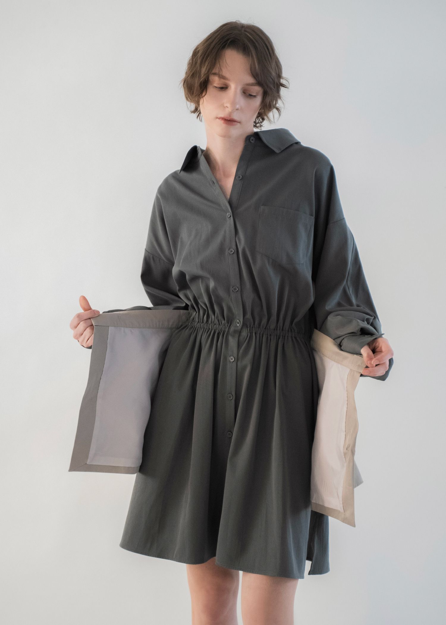 docking skirt layered like shirt OP / スカートレイヤード シャツワンピース (Mauve beige) / 26SS