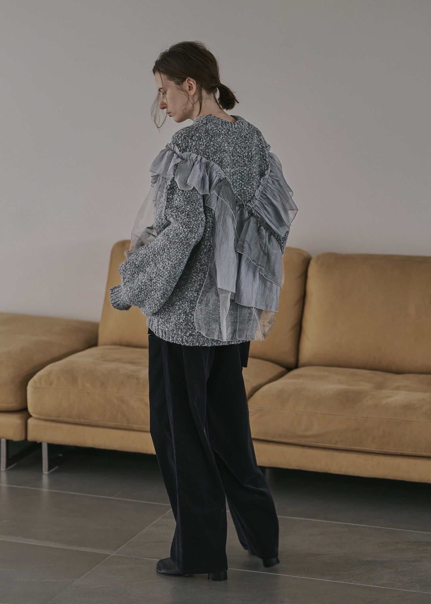 random frill placement volume sleeve knit / ランダムフリルニット (チャコール) / 25AW /