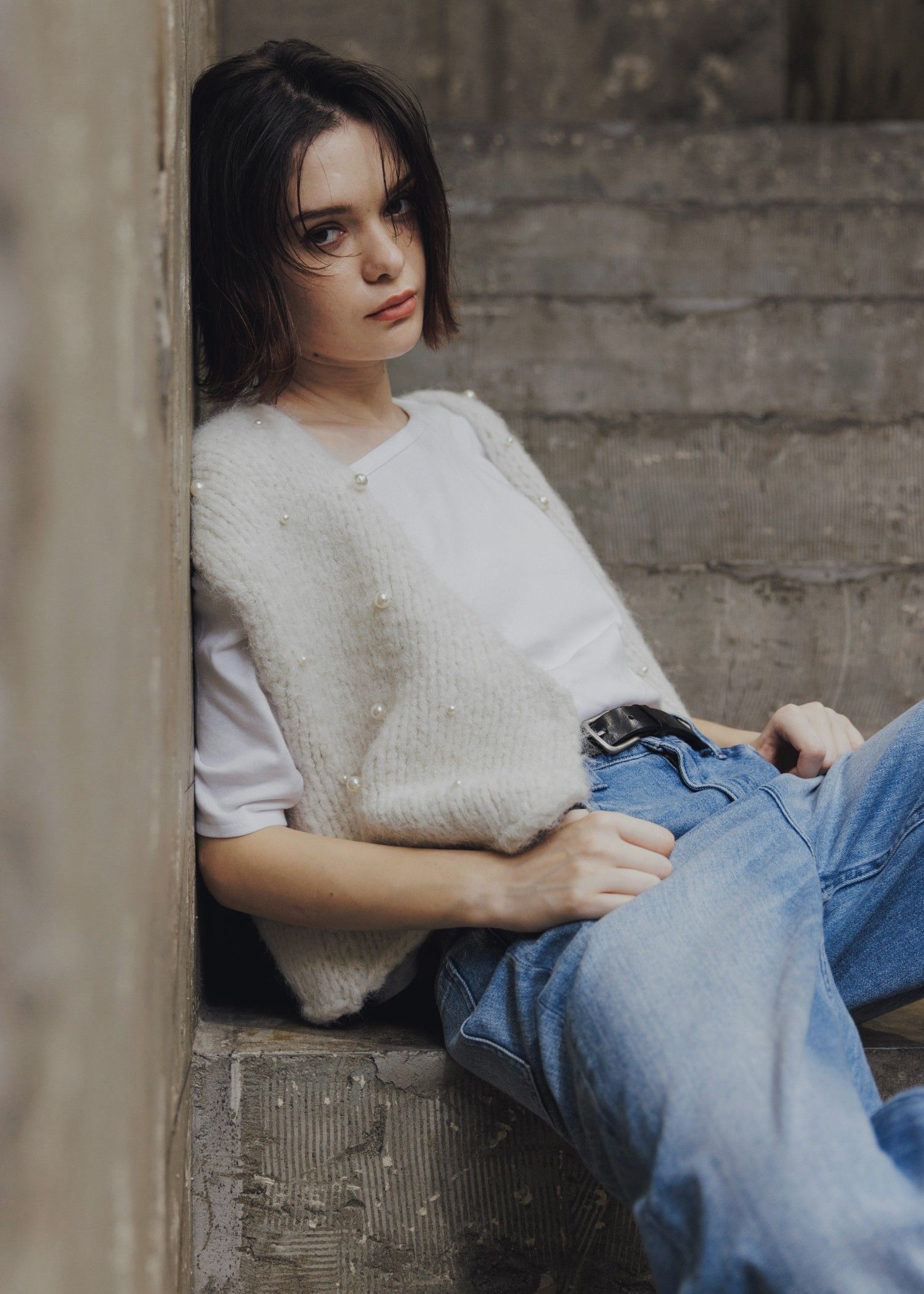 willfully パール ニット ベスト アイボリー WILLFULLY（ウィルフリー）の「handmade random pearl knit vest