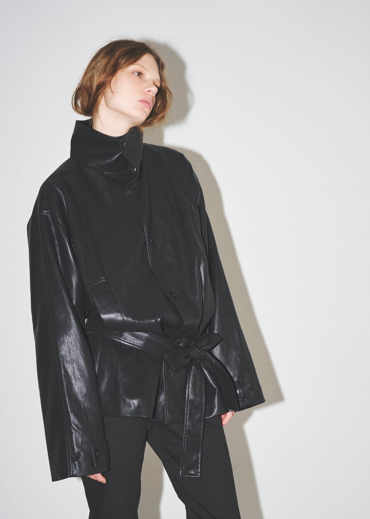 スタンドカラー レザージャケット (ブラック) stand collar over size synthetic leather JK (Black) /  26AW