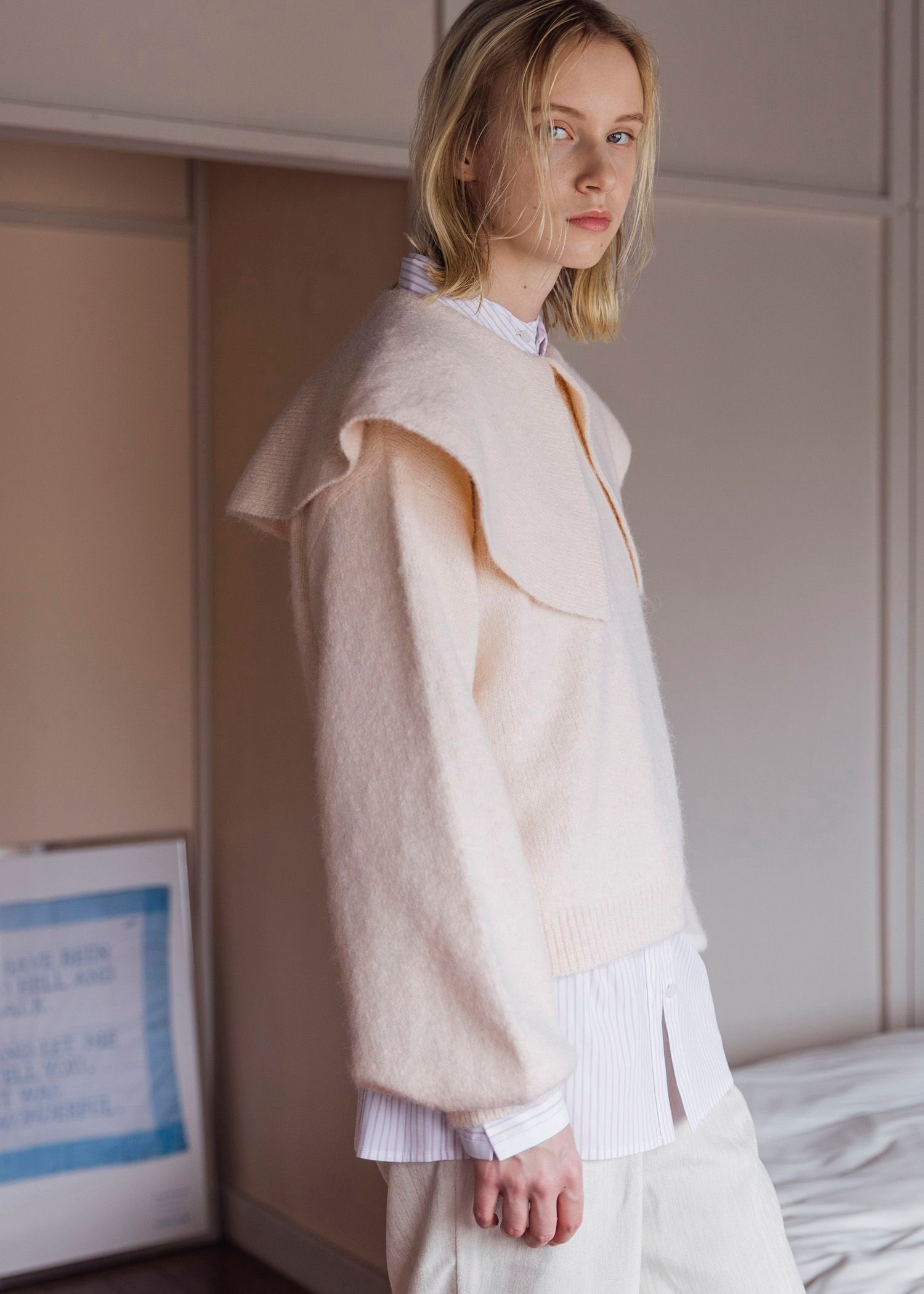 overlay big collar volume sleeve knit / ビッグカラー ボリュームスリーブニット (ベビーピンク) / 25AW /