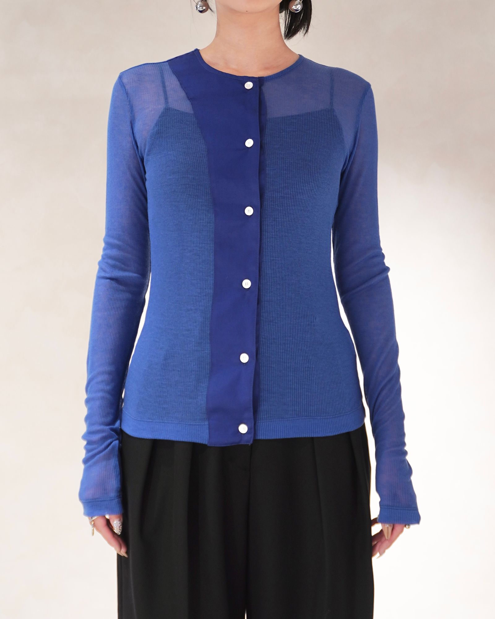 アシンメトリー リブトップス (ブルー) ASYMMETRIC PANEL SHEER RIB TOP (Blue) / 26SS
