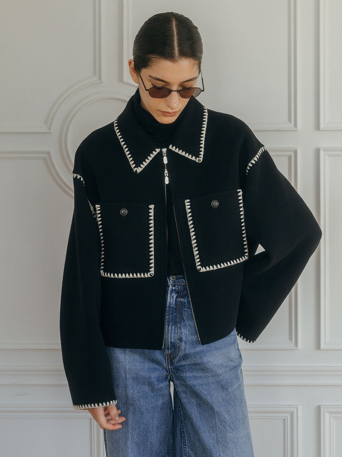 【25AW】WOOL EMBROIDERY SHORT ZIP JACKET / ウールエンブロイダリー  (ブラック)