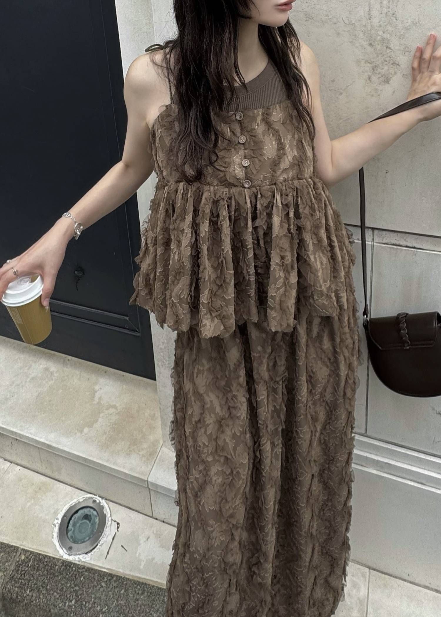 カットジャガード キャミソール (モカ) cut jacquard tulle gather camisole (Mocha) /  26SS