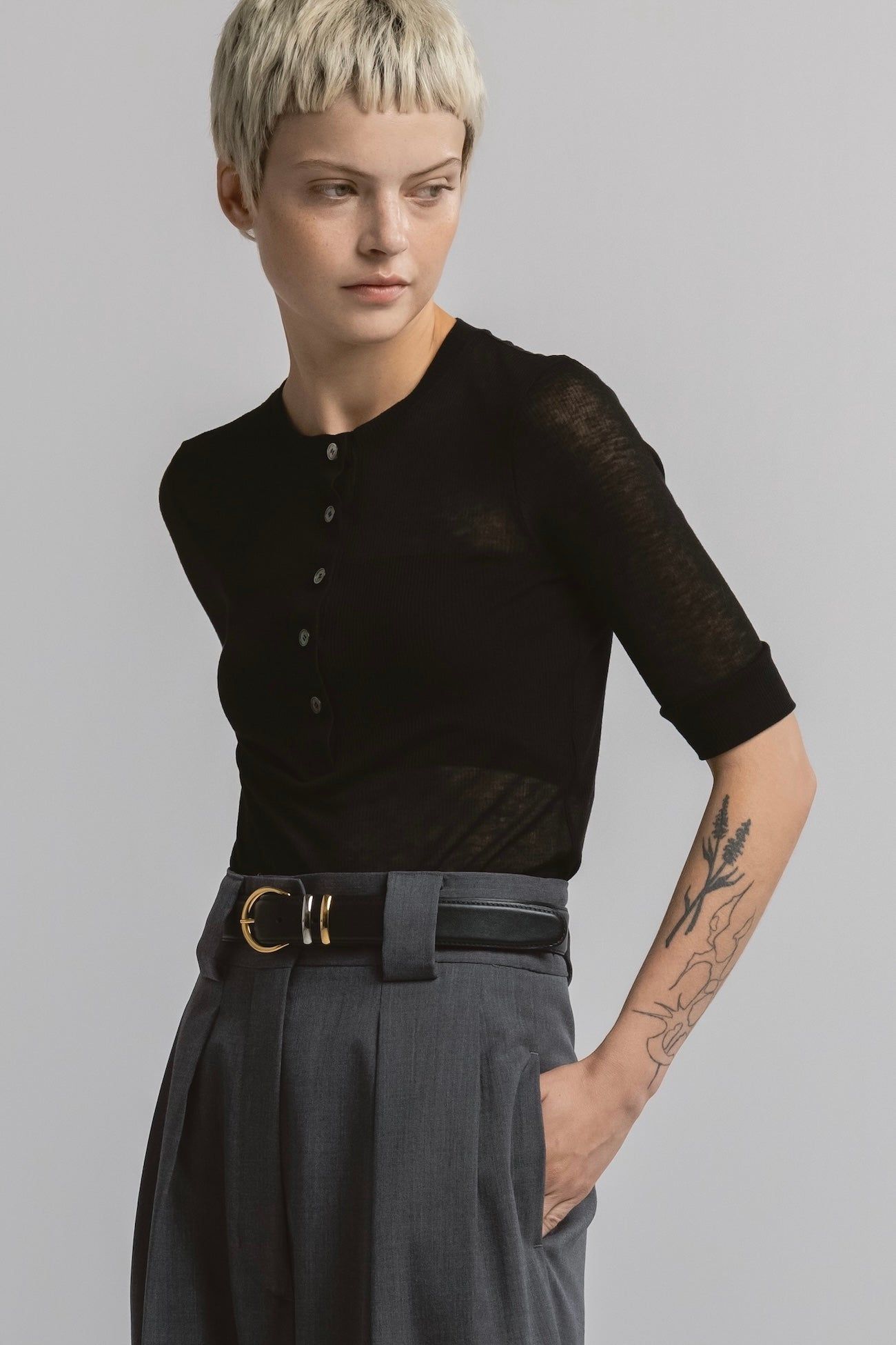 ヘンリートップス (ブラック) TENCEL CASHMERE HENLEY TOP (Black) / 26SS