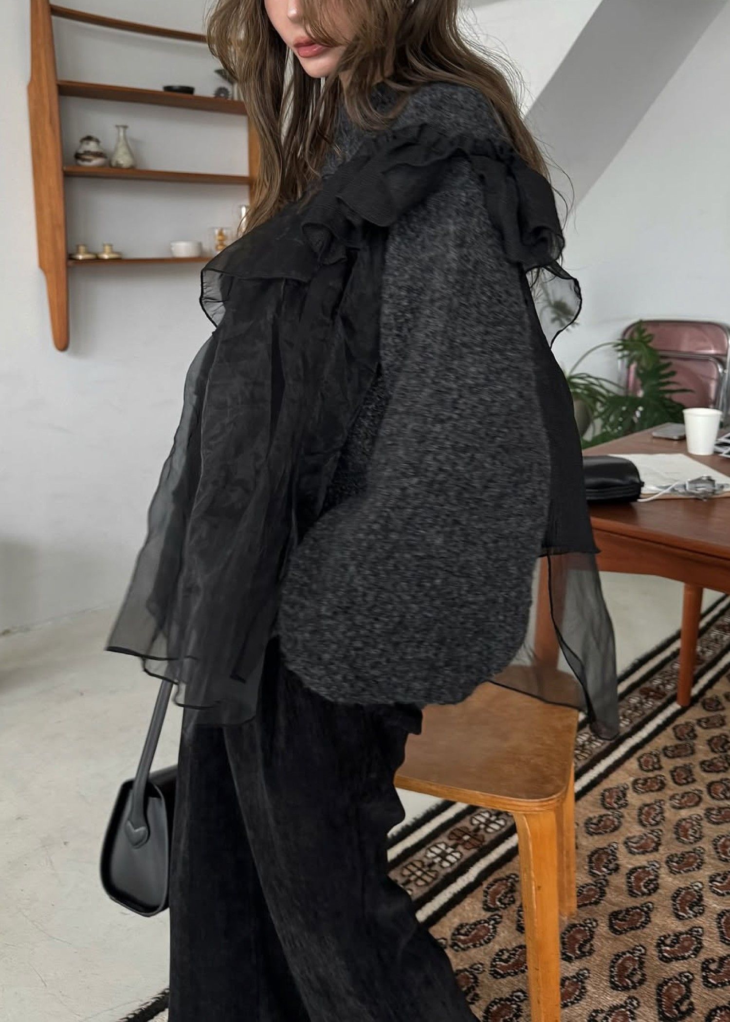 random frill placement volume sleeve knit / ランダムフリルニット (ブラック) / 25AW /