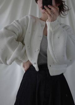【ショート】ハートドット リバーシブルカーディガン (アイボリー×アイス) short heart dot jacquard reversible knit cardigan (ivory×ice) /  26SS
