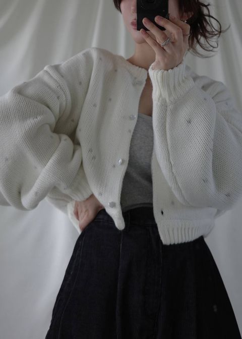 【ショート】ハートドット リバーシブルカーディガン (アイボリー×アイス) short heart dot jacquard reversible knit cardigan (ivory×ice) /  26SS
