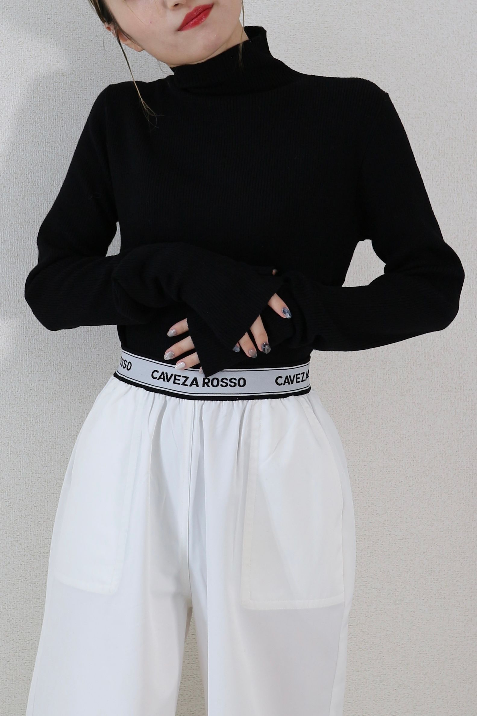 HAND WARMER RIB KNIT TOPS / ハンドウォーマーリブニットトップス (ブラック)