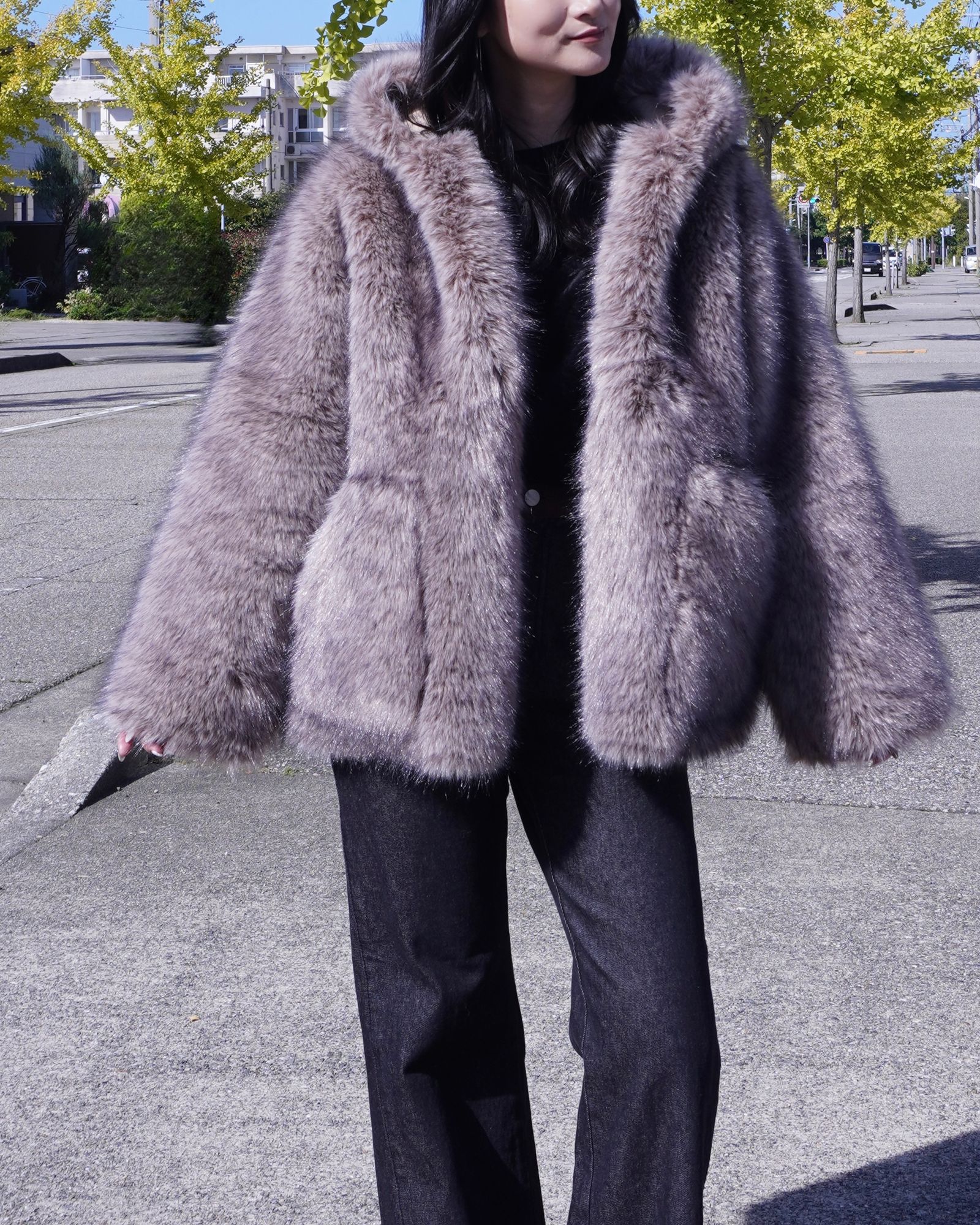 【25AW】Fox Like Fur Hoodie Coat / フォックスライクファー リバーシブルフーディコート (ベージュ) / エコファー / フェイクファー