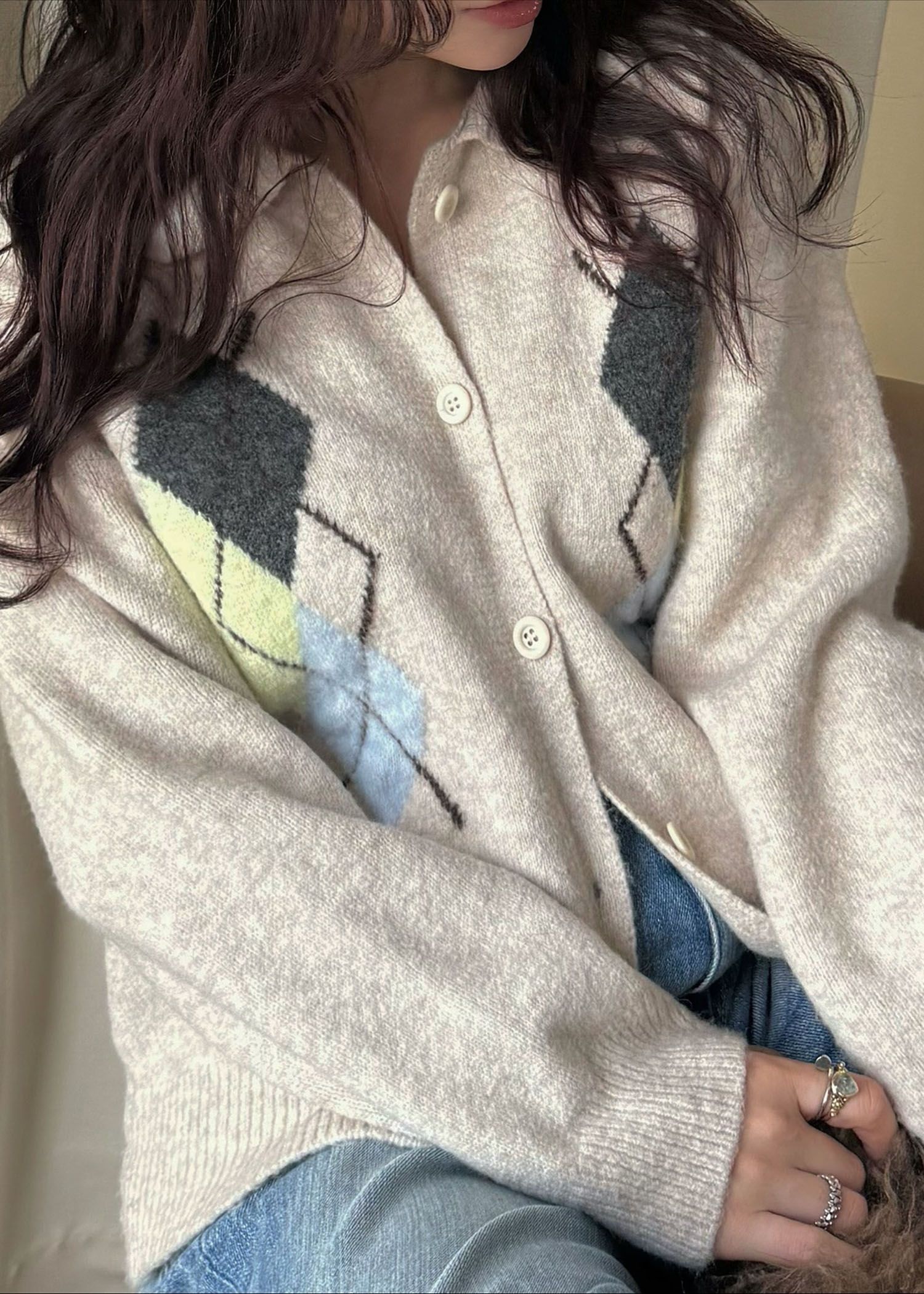 chic soft touch argyle knit cardigan / ソフトタッチ アーガイルニットカーディガン (ベージュ) / 25AW /