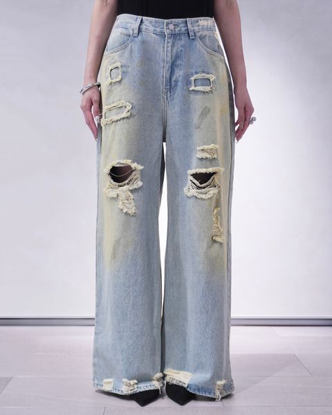 ダメージ デニムパンツ (サックスブルー) damage denim pants