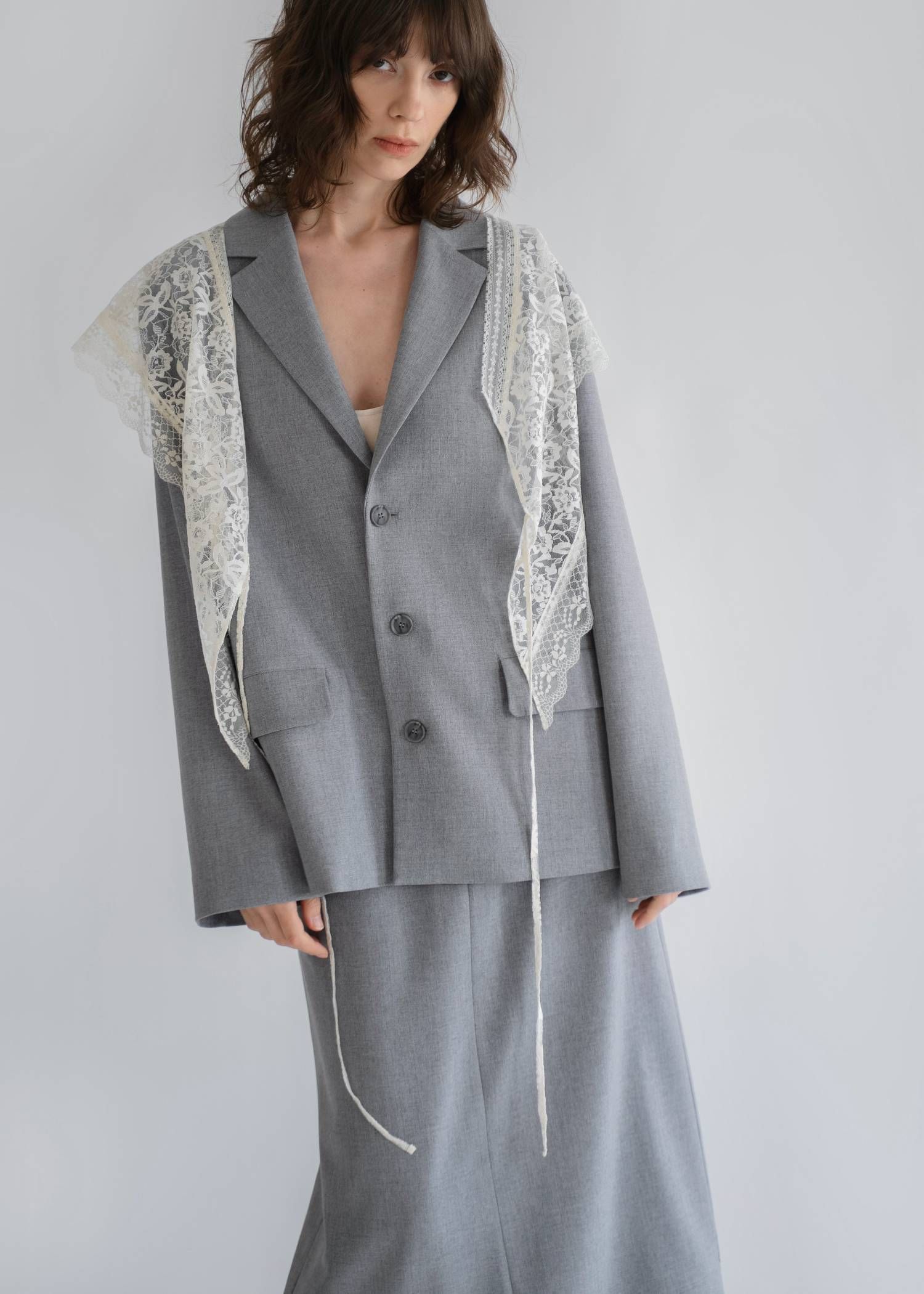 アレンジレース ジャケット (ライトグレー) arrangement lace shawl oversize JK (Lgray) /  26SS