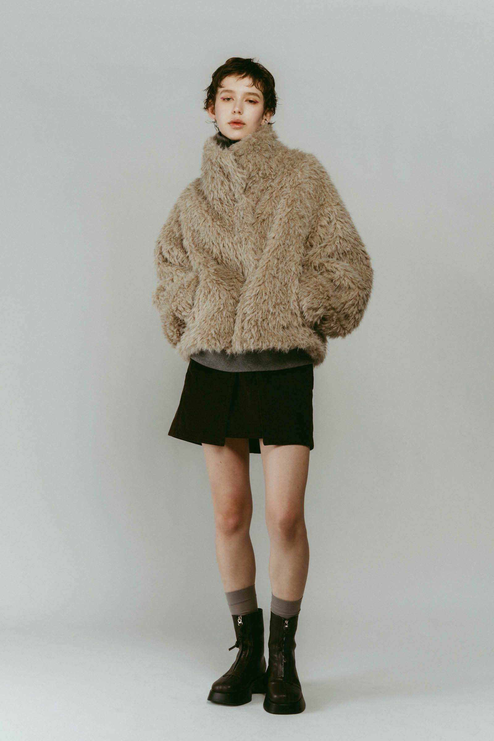 shaggy stand collar coat / シャギースタンドカラーコートブルゾン (アイボリー) / 25AW