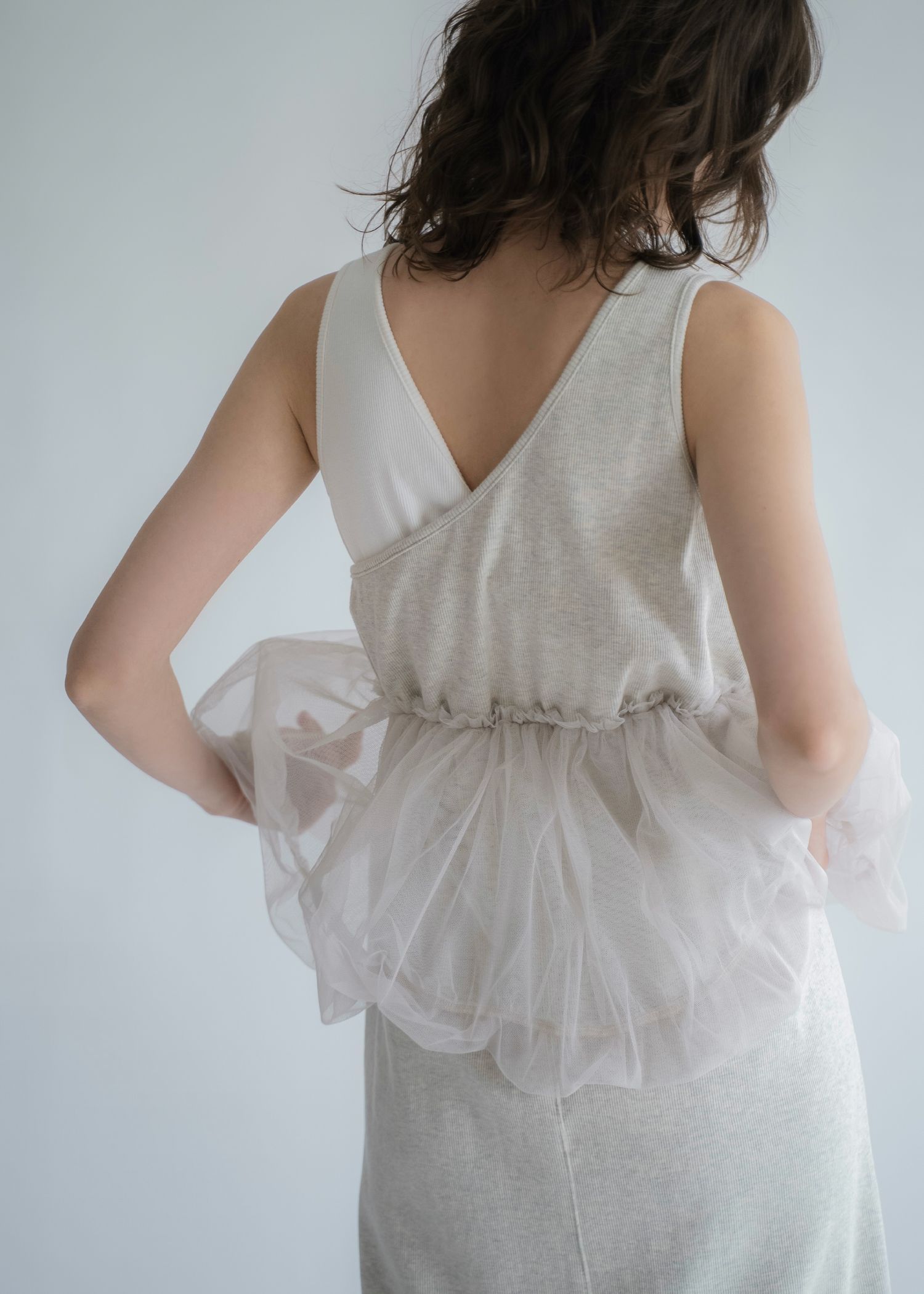 tulle peplum docking rib OP (Oatmeal) / チュールペプラムワンピース (オートミール) / 26SS