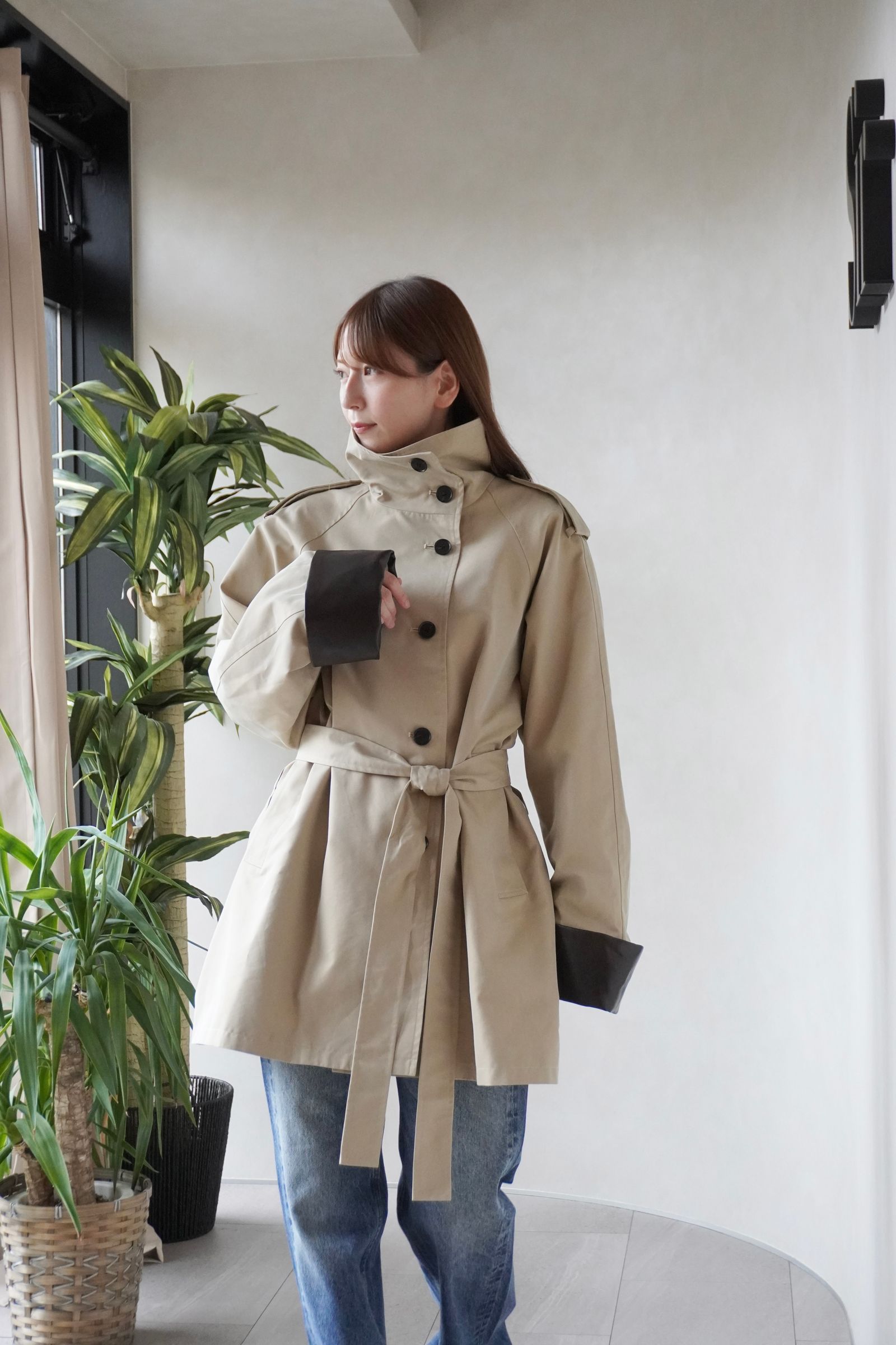 【26TH-05】スタンドカラートレンチコート (ベージュ) Stand collar trench (Beige) /  エコファー  /  フェイクファー