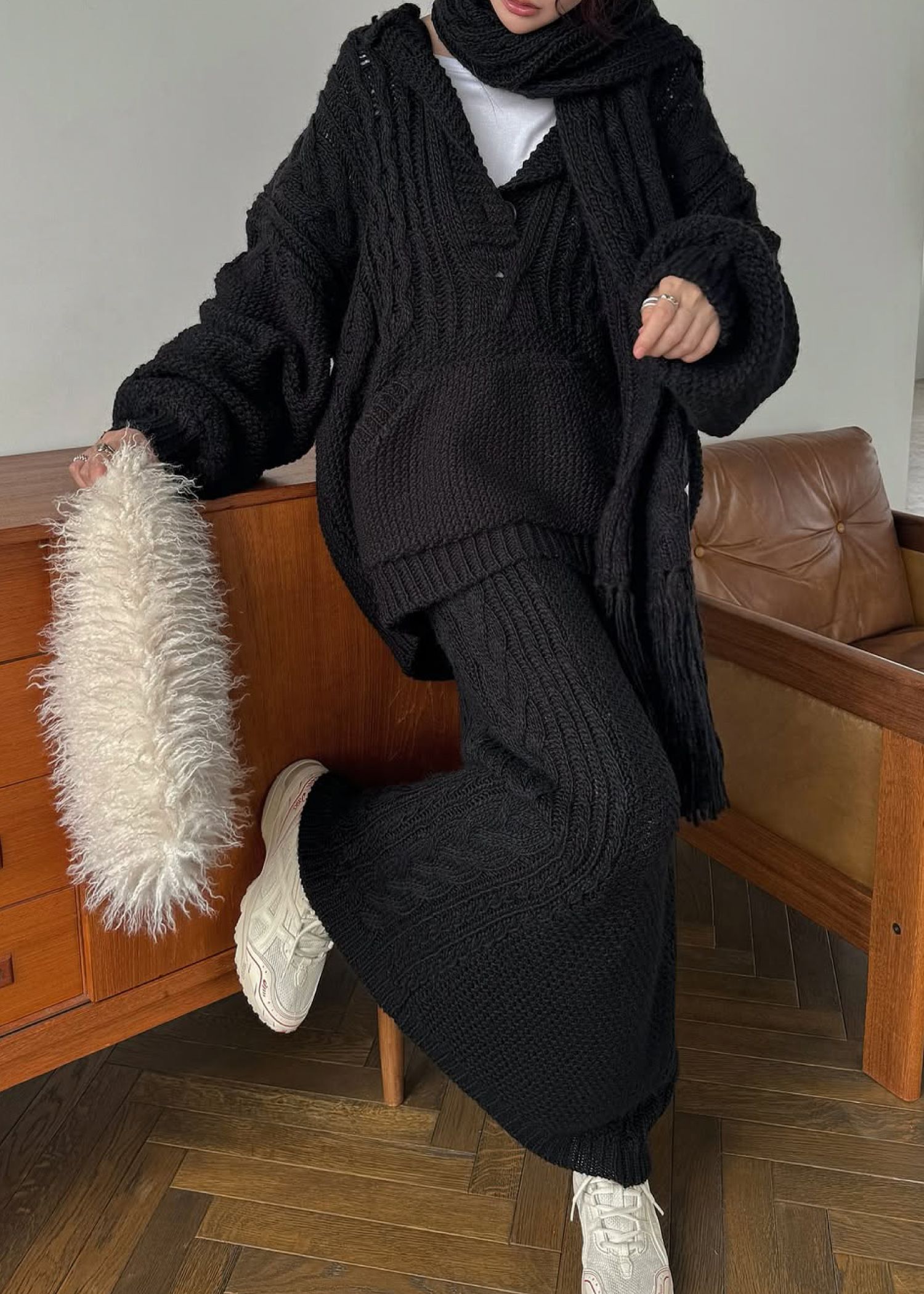 coarse knit cable fringe muffler / フリンジケーブルニットマフラー (ブラック) / 25AW