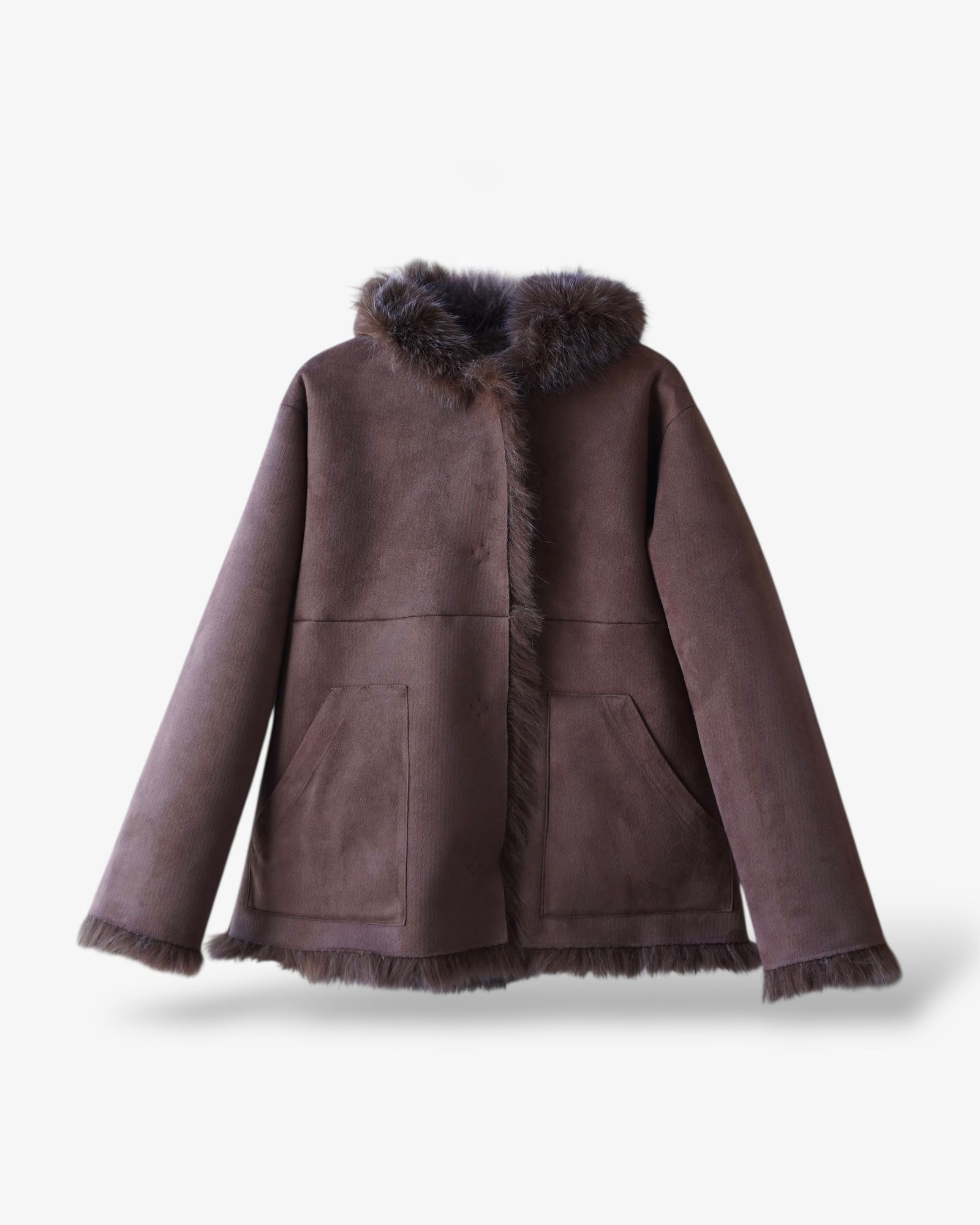 【25AW】Fox Like Fur Hoodie Coat / フォックスライクファー リバーシブルフーディコート (ブラウン) / エコファー / フェイクファー