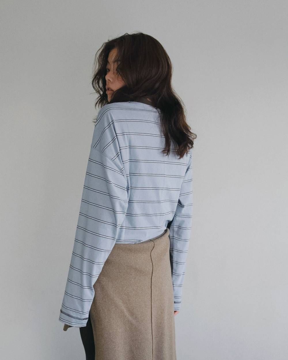 ボーダー ルーズロンT (アイスブルー) Border Loose Long T-shirts (Ice blue) /  26AW