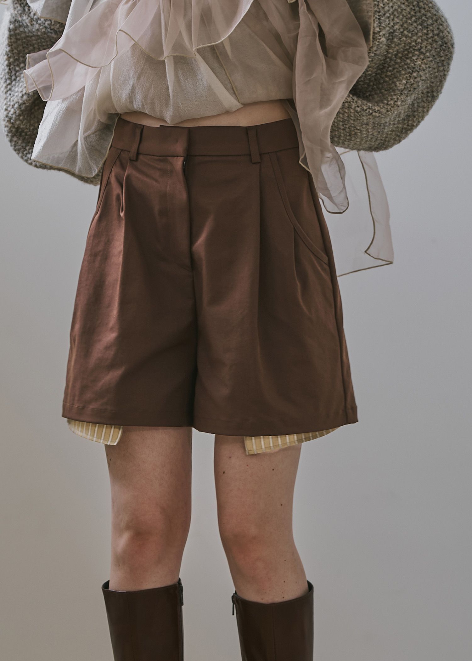 stripe pocket peep tuck chino S/PT / タックチノ ショートパンツ (ブラウン) / 25AW