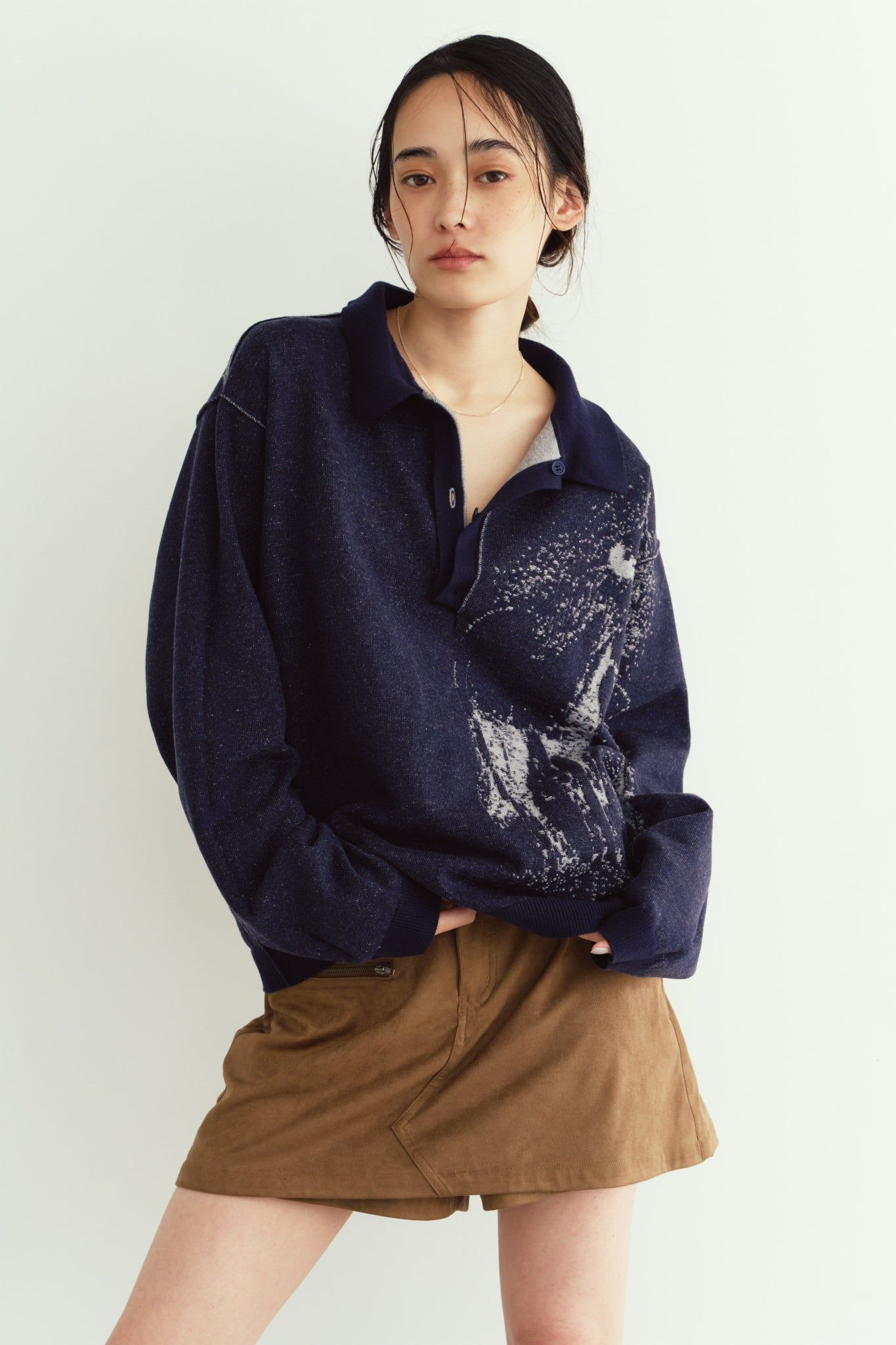 リバーシブル ジャガードポロニット (ネイビー) reversible jacquard polo knit(unisex) (Navy) / 26AW