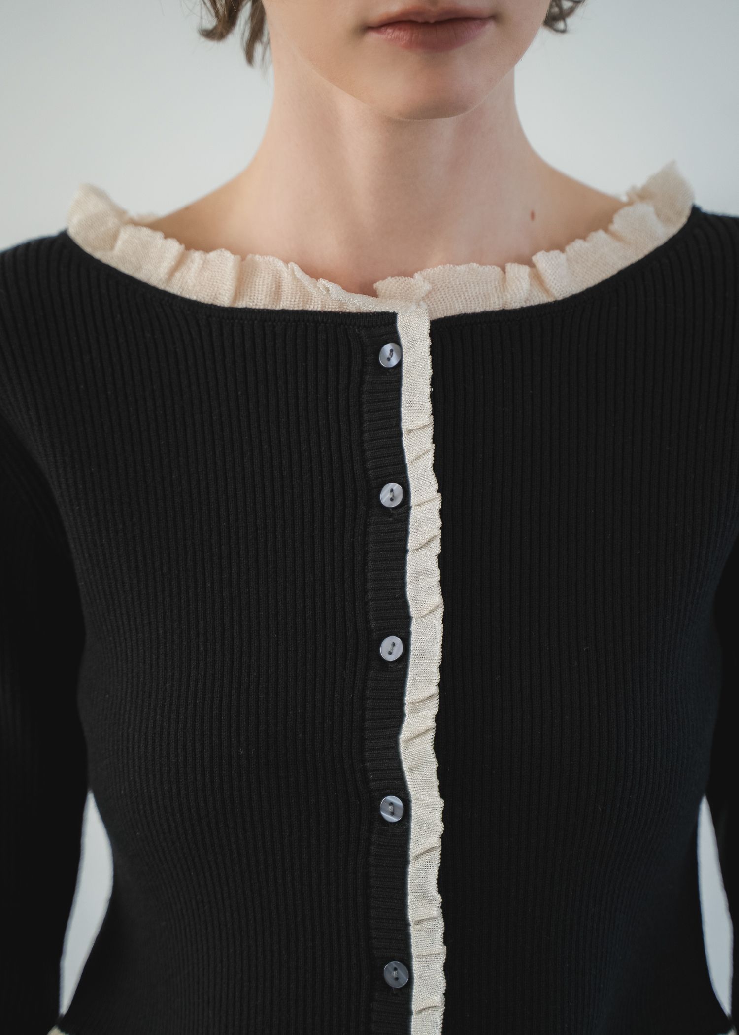 partial sheer frill knit cardigan / シアーフリル ニットカーディガン (Black) / 26SS