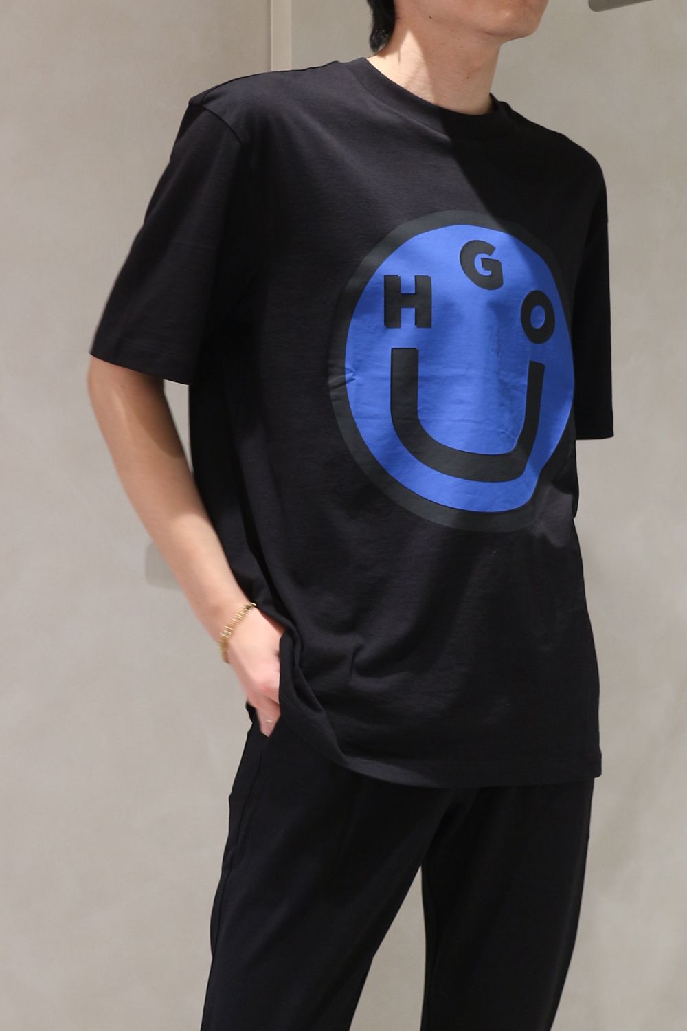 HUGO BLUE コットン スマイル ロゴ Tシャツ HUGO - 【HUGO BLUE】スマイルプリントTシャツ (ホワイト