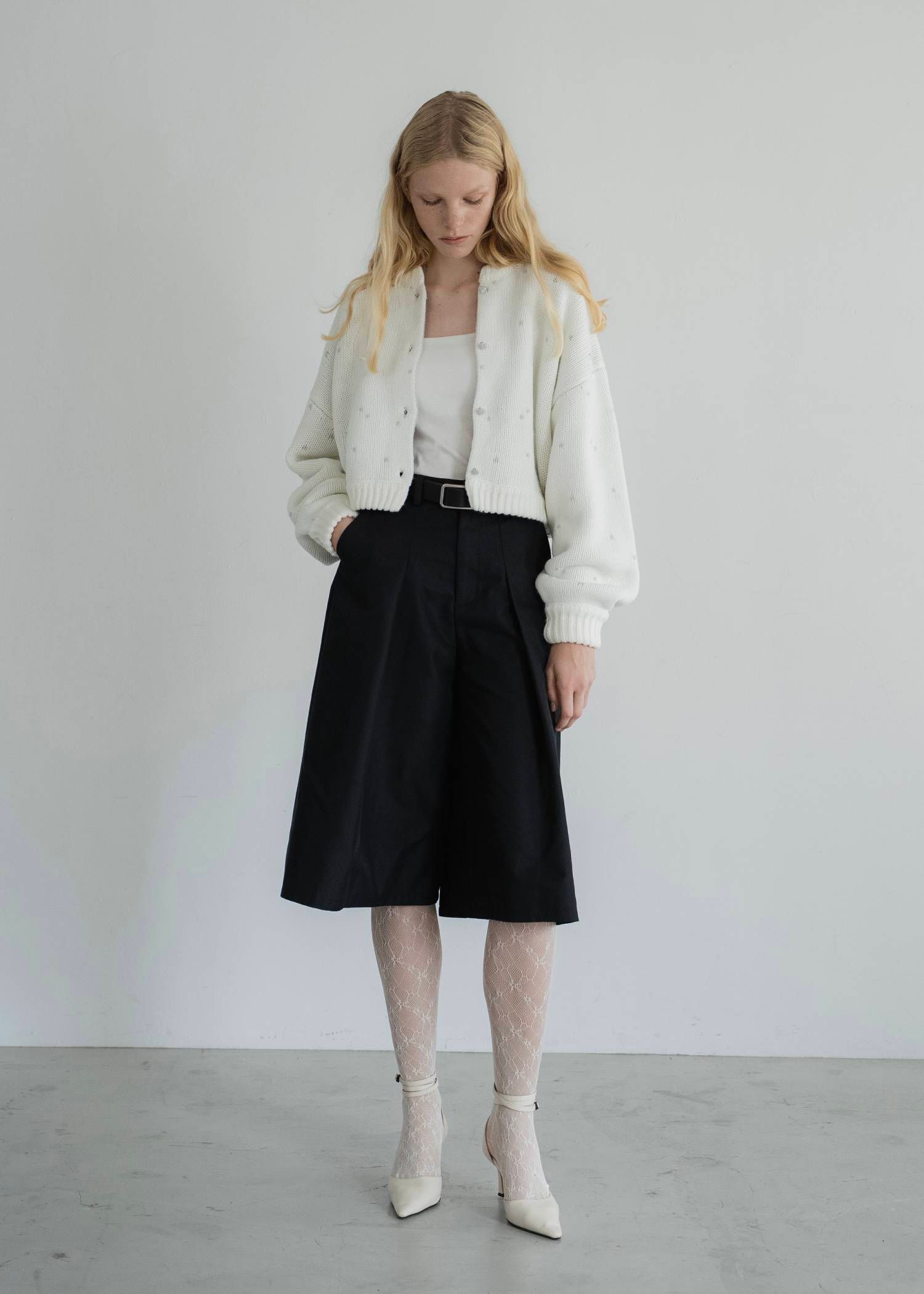 【ショート】ハートドット リバーシブルカーディガン (アイボリー×アイス) short heart dot jacquard reversible knit cardigan (ivory×ice) /  26SS