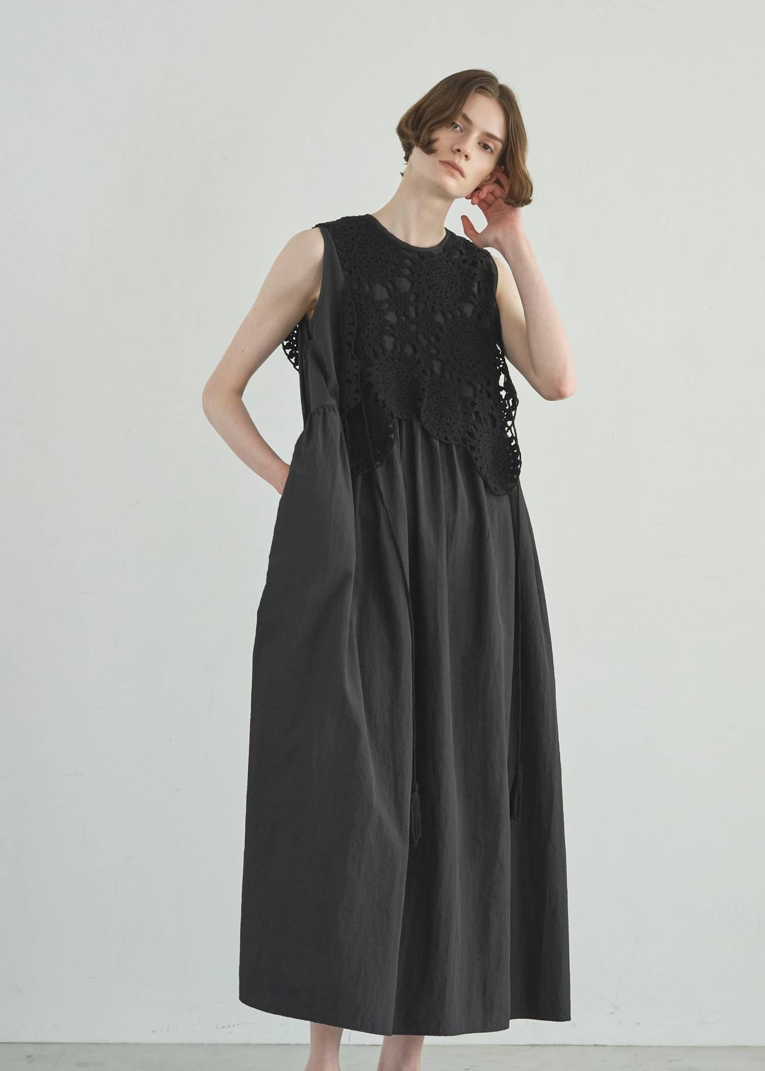 クロシェ ナイロンワンピース (ブラック) crochet knit layered nylon OP (Black) /  26SS
