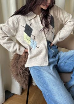 chic soft touch argyle knit cardigan / ソフトタッチ アーガイルニットカーディガン (ベージュ) / 25AW /