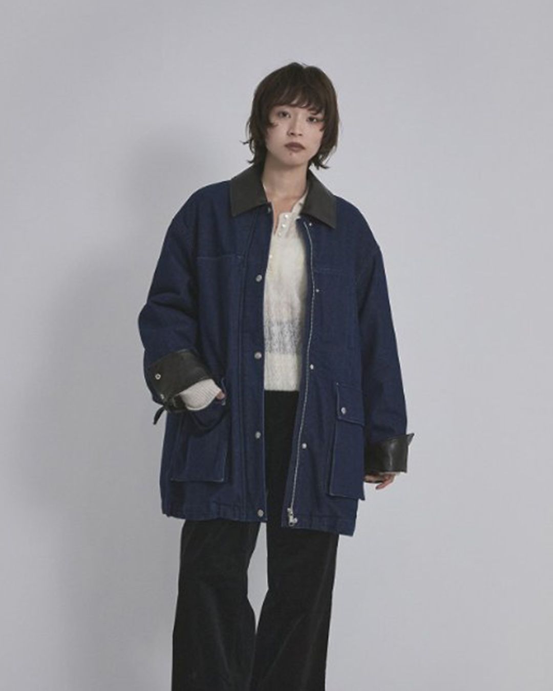 【先行予約】【26TH-02】フェイクレザーカラー カバーオール (ネイビー) Fake Leather Collar Coverall (Navy) /  エコファー  /  フェイクファー 【受注期間6/14 23:59まで】