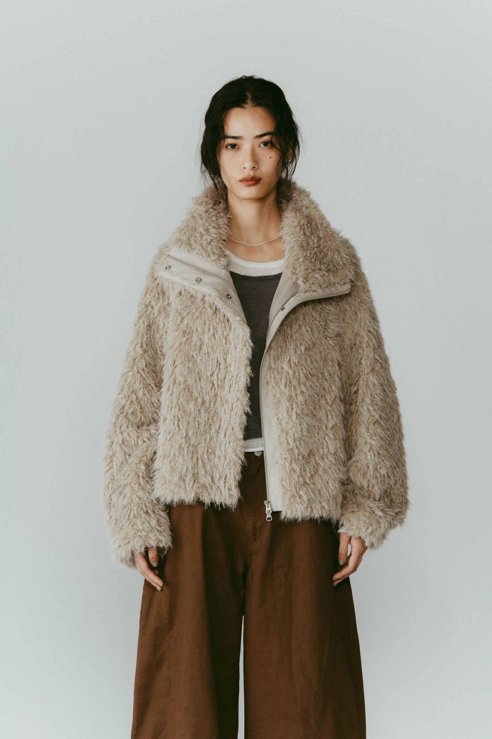 shaggy stand collar coat / シャギースタンドカラーコートブルゾン (アイボリー) / 25AW