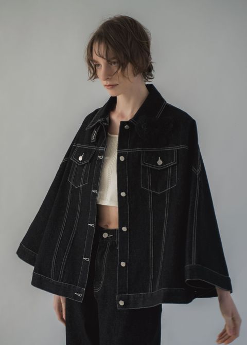 trucker detail denim poncho JK / トラッカー ポンチョ デニムジャケット (Black) / 26SS
