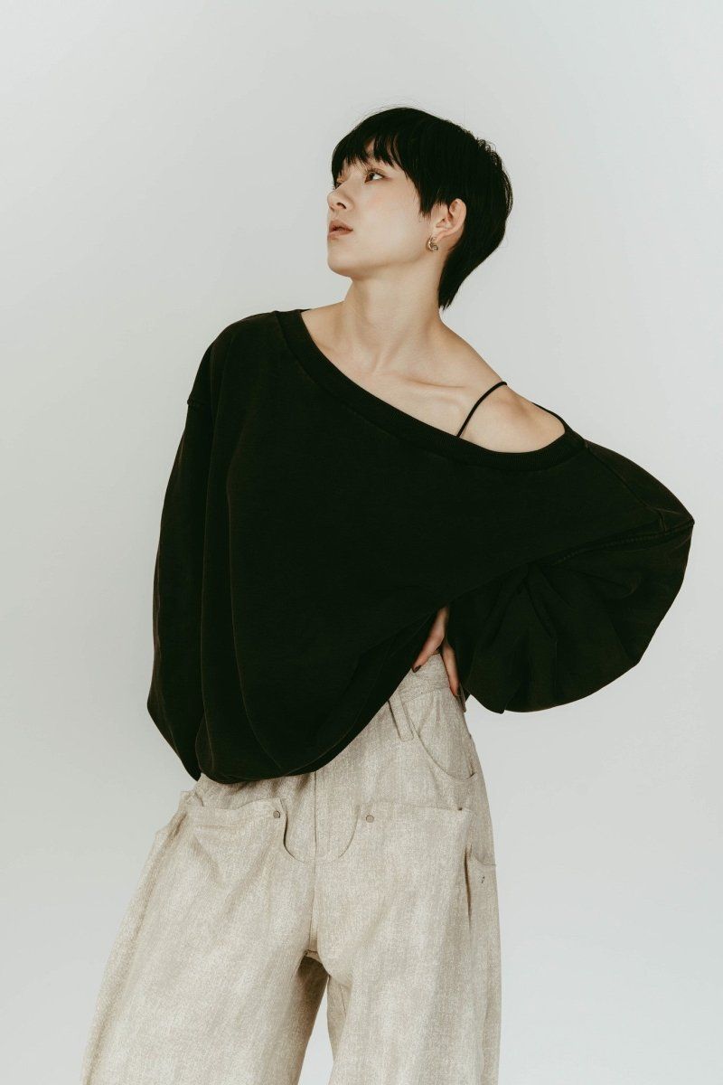 off shoulder vintage sweat (Black) / オフショルダー ヴィンテージスウェット (ブラック) / 26SS