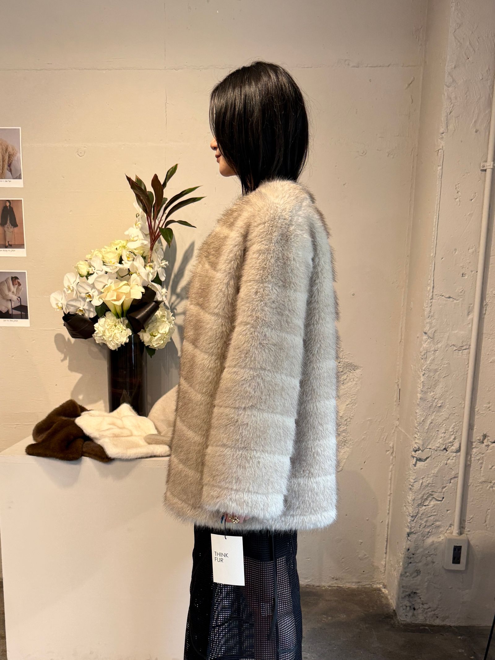 【25AW】Border Fur Coat (グレージュ) / ボーダーファーコート / エコファー / フェイクファー