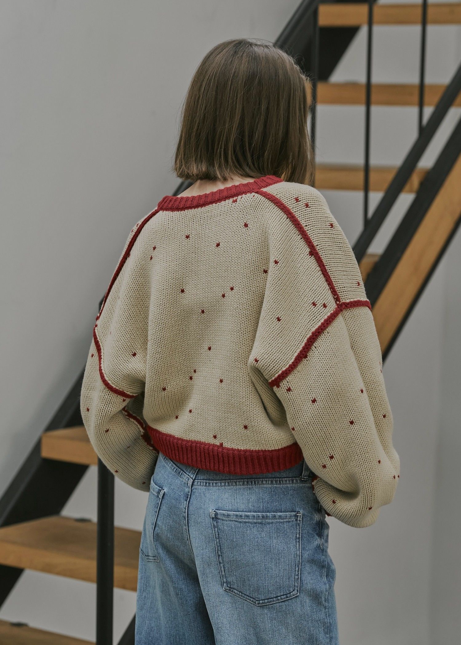 heart dot jacquard reversible cropped knit cardigan / ハートドット ジャガード リバーシブルクロップドカーディガン (レッド×タン) / 25AW