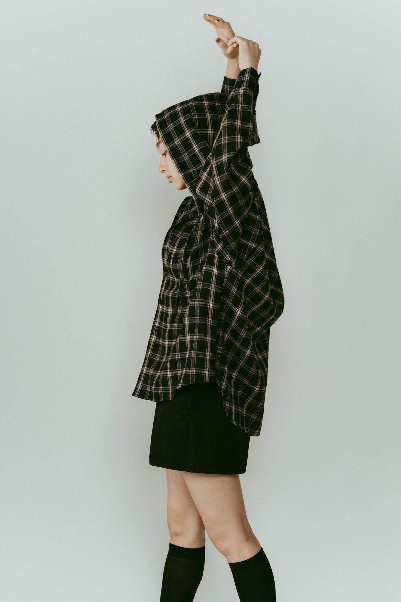 hooded over shirts(unisex) / オーバー フーディシャツ (Check black) / 26SS