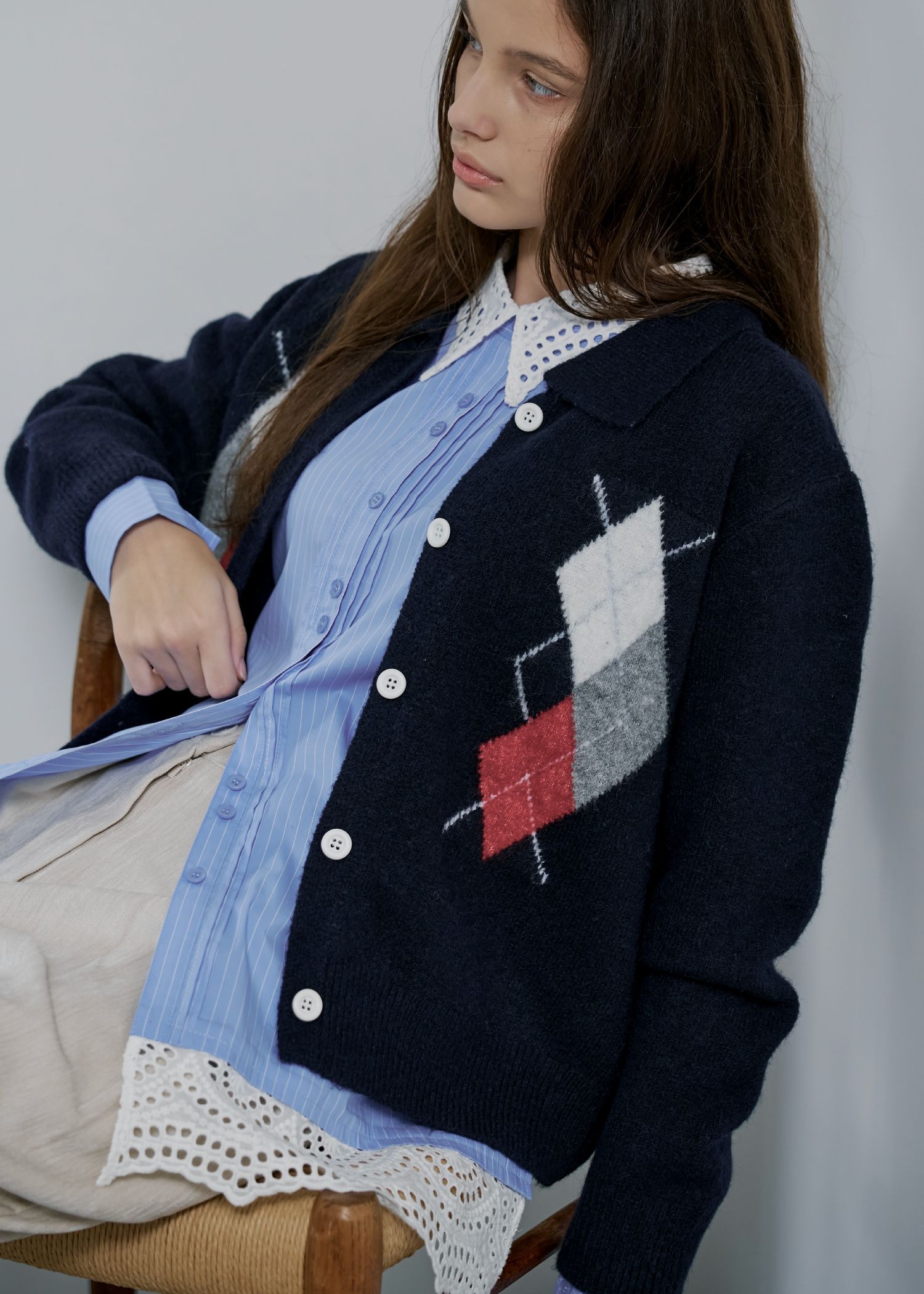 chic soft touch argyle knit cardigan / ソフトタッチ アーガイルニットカーディガン (ネイビー) / 25AW /