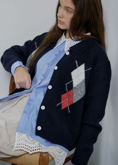 chic soft touch argyle knit cardigan / ソフトタッチ アーガイルニットカーディガン (ネイビー) / 25AW /