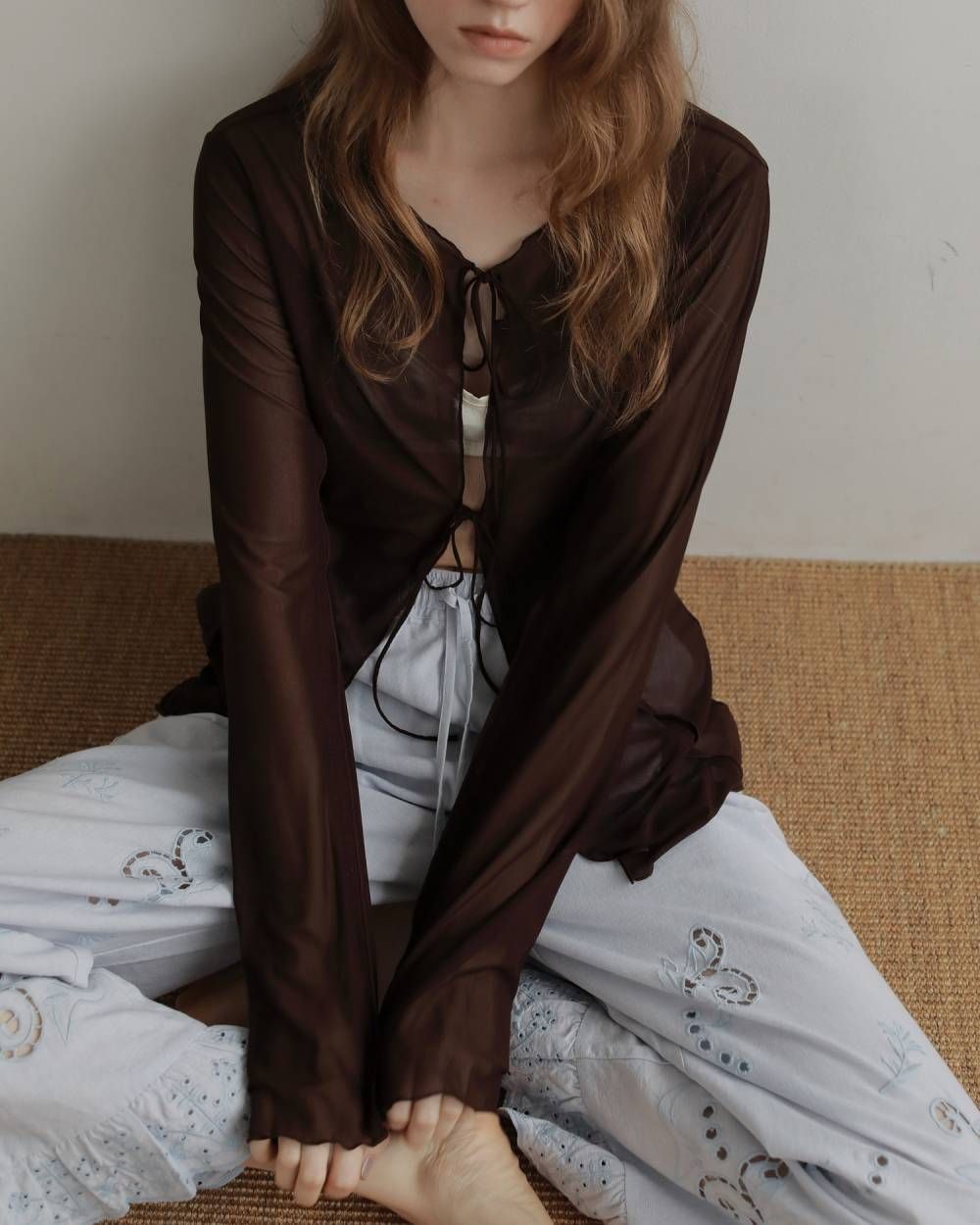 シアーチュールカーディガン (ブラウン) Sheer Tulle Cardigan (Brown) / 27SS