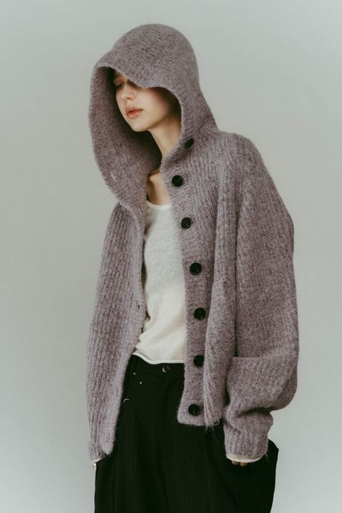 フーデッド カーディガンニット (ライラック) hooded cardigan knit
