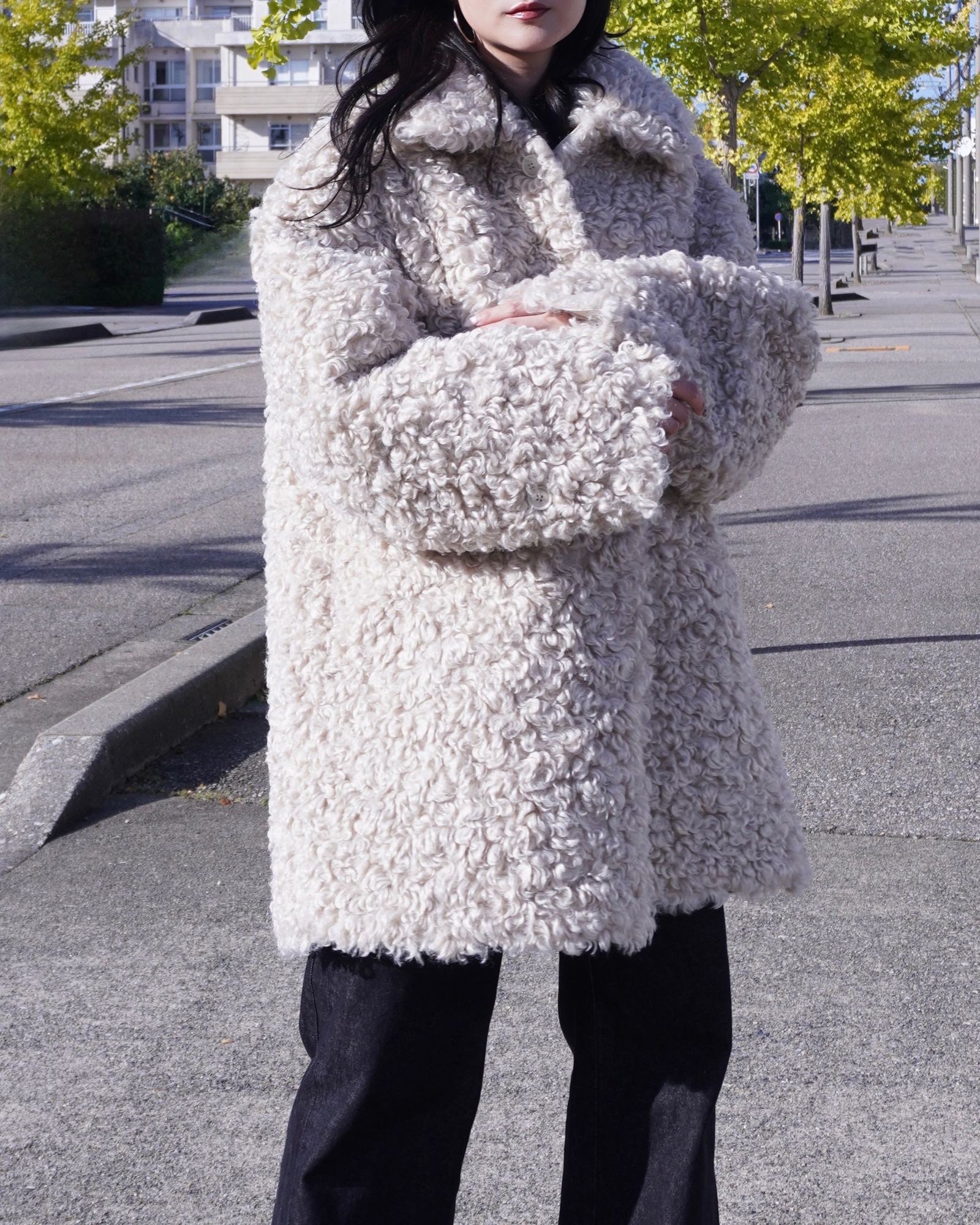 【25AW】Vintage Like Fake Mouton Reversible Coat (クリーム) / ヴィンテージライクムートン リバーシブルファーコート / エコファー / フェイクファー