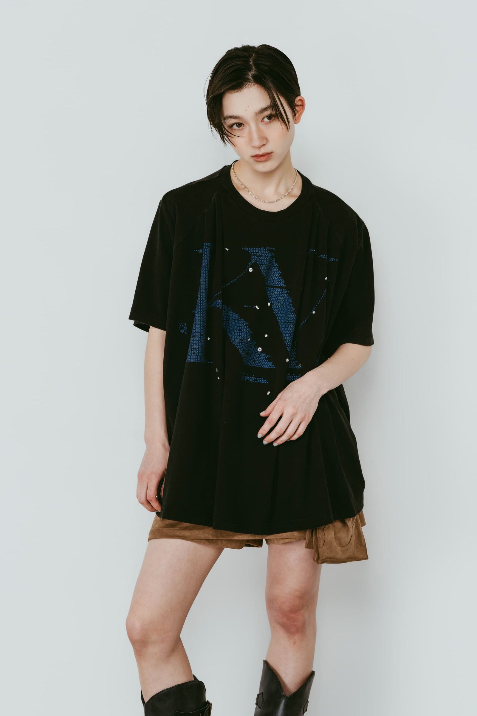 タック オーバーサイズTシャツ (ブラック) tuck detail oversized tee(unisex) (Black) /  26SS